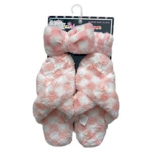 Girls Plush Slippers Flip Flops Headband Head Wrap Set Pink White Size XL 3-4